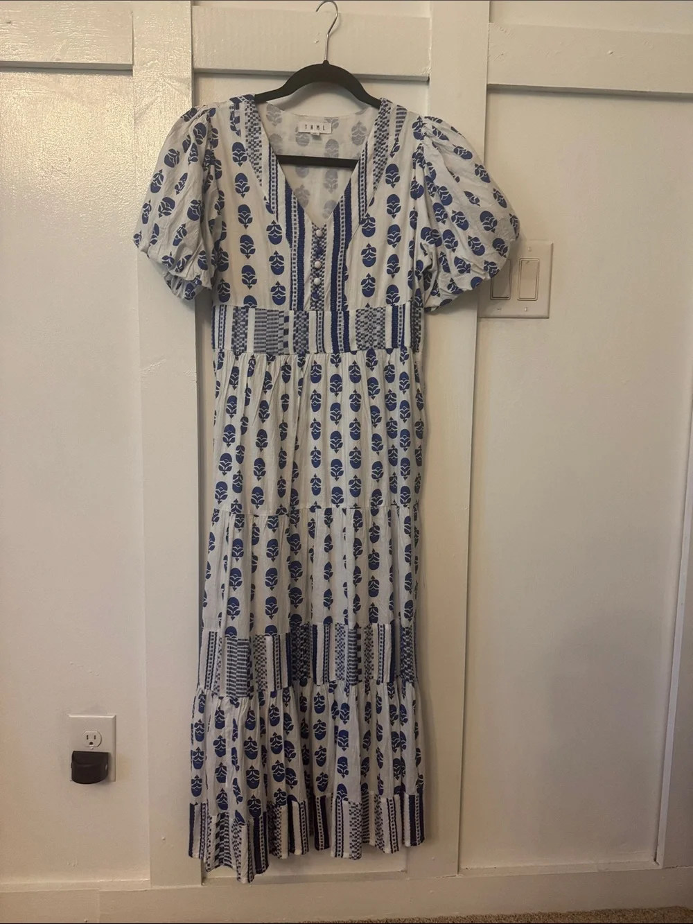 THML White Dress with Blue Floral Print and Puff Sleeves. Work once.